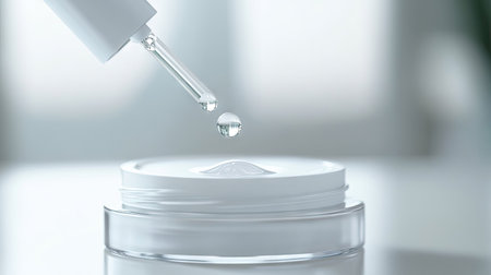 Pipette with hyaluronic acid drop above open container, bright and pure composition on light surfaceの素材