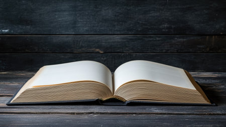 Open book with clean, blank pages and visible spine, resting on a black wooden tableの素材