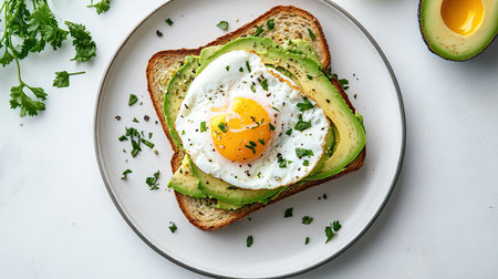 Plate with avocado toast topped with poached egg and herbs, centered on a clean white backgroundの素材