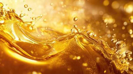Splash of thick golden oil with droplets suspended around, creating a luxurious and dynamic visual textureの素材