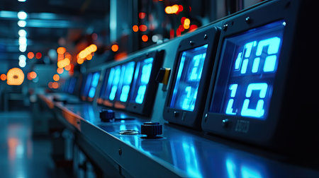 Modern digital timer in control room with blue numbers glowing under dim light conditionsの素材