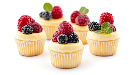 Mini cheesecakes in cupcake liners topped with fruit, perfectly arranged and isolated on white backgroundの素材