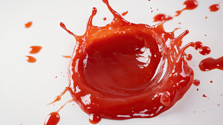 Spread of thick tomato sauce forming a splash shape on a white surfaceの素材