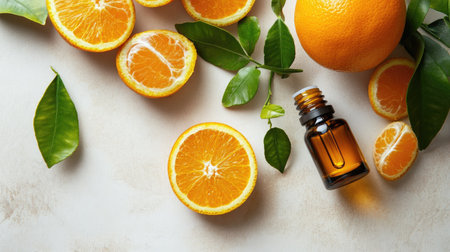 Organic essential oil next to peeled orange and citrus leaves, styled for a natural look on light backdropの素材