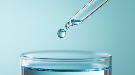 Serum droplet captured mid-air from pipette into glass container, minimal and clean light backgroundの素材