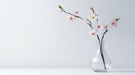 Single cherry blossom branch with soft pink petals in a clean glass vase, placed on white backgroundの素材