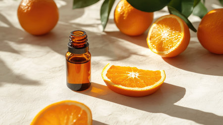 Natural wellness scene with essential oil, fresh orange slices, and soft shadows on a light surfaceの素材