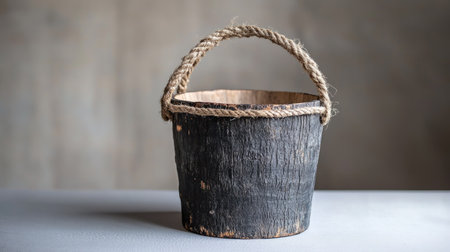 Small birch bucket with charred texture and rustic jute handles displayed on a soft grey surfaceの素材