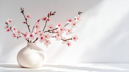Pastel pink cherry blossoms arranged in a minimalist vase with soft shadows on white backgroundの素材