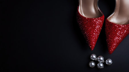 Red lipstick, pearl earrings, and glitter heels placed dramatically on a black backgroundの素材
