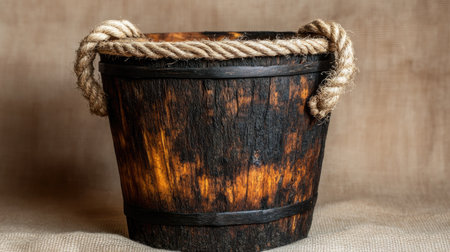 Rustic birch bucket with dark burned texture and thick jute handles, isolated on a soft backgroundの素材