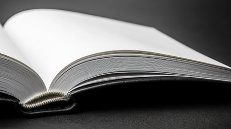 Open book showing smooth, untouched blank pages, positioned on a black leather surfaceの素材
