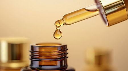 Skincare pipette with golden serum forming a droplet, poised above bottle on bright backgroundの素材