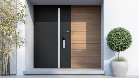 Modern front door featuring digital door lock and handle, minimalistic home exterior backgroundの素材
