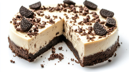 Oreo crust cheesecake with creamy texture and chocolate toppings, cleanly isolated on whiteの素材