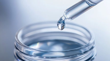Pipette with hyaluronic acid drop above open container, bright and pure composition on light surfaceの素材