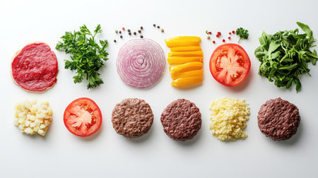 Raw and fresh burger ingredients neatly displayed side by side on a white surfaceの素材