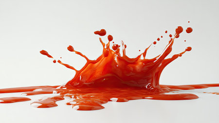 Spread of thick tomato sauce forming a splash shape on a white surfaceの素材