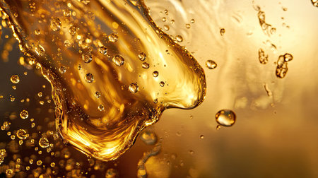 Splash of thick golden oil with droplets suspended around, creating a luxurious and dynamic visual textureの素材