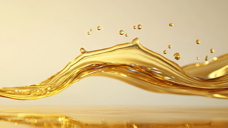Splash of viscous golden oil with droplets flying outward, isolated on a smooth neutral backdropの素材