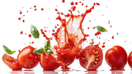 Splash of tomato sauce frozen in motion, mid-air above a white backgroundの素材