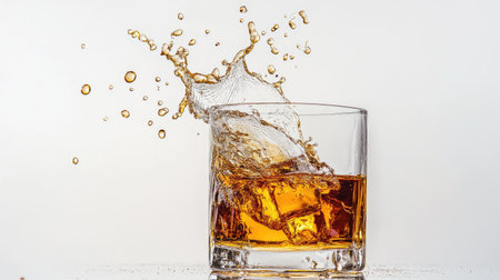 Splash effect of whiskey pouring into a glass, frozen mid-air against a bright white backgroundの素材