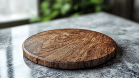 Round wood board on clean granite surface, perfect for food styling mockups or cooking themesの素材