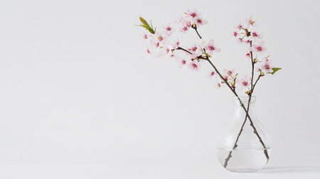 Single cherry blossom branch with soft pink petals in a clean glass vase, placed on white backgroundの素材