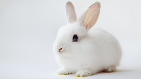 Small white rabbit with pink nose and big eyes, isolated on bright white for a soft, clean lookの素材