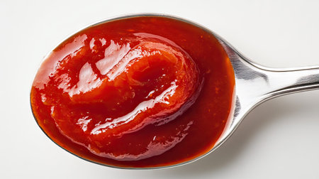 Spoon dipped in thick tomato sauce with a swirl pattern, placed on a white surfaceの素材