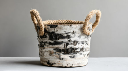 Small birch bucket with charred texture and rustic jute handles displayed on a soft grey surfaceの素材