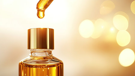 Skincare pipette with golden serum forming a droplet, poised above bottle on bright backgroundの素材