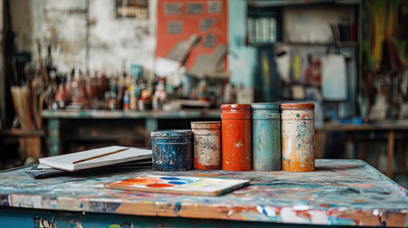 Professional painter's workspace with stacked paint cans and open palette bookの素材