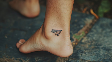 A small paper airplane tattoo on the ankle, viewed from above as the person walks barefootの素材