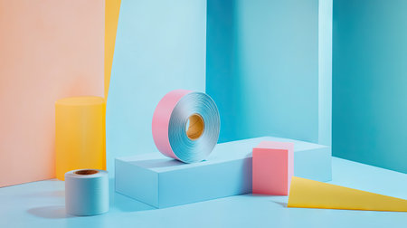 Bright workspace setting with a roll of tape on a light background and subtle office items nearbyの素材