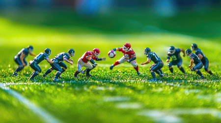 Toy football game paused mid-play, plastic ball caught between players on green fieldの素材