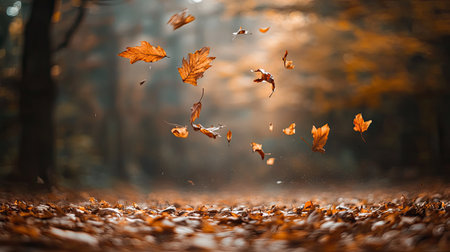 Dry autumn leaves swirling through the air on a blurred forest background, captured mid-motionの素材
