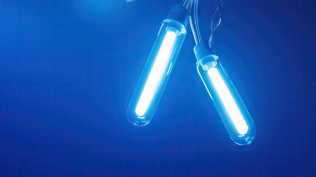 Close-up of glowing fluorescent bulbs suspended from wires on a moody blue-toned backdropの素材