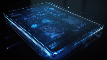 Modern cloud computing interface on a transparent touchscreen with blue data streamsの素材