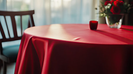 Close-up of luxurious red silk tablecloth with smooth folds and elegant shine under soft lightingの素材