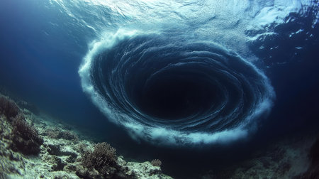 Powerful whirlpool shot from underwater, creating a sense of suction and turbulence in the deepの素材