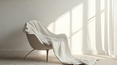An oversized white T-shirt draped over a modern chair with neutral tones in a minimalist roomの素材