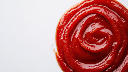 Close-up of smooth tomato sauce spread in a circular pattern on a clean white surfaceの素材