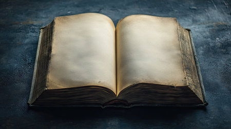 Close-up of an open blank book on a dark surface, subtle shadows creating a moody atmosphereの素材