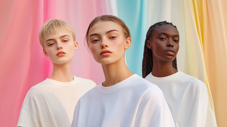 A gender-neutral fashion shoot featuring models in oversized white T-shirts against a pastel backdropの素材