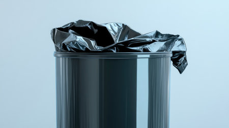 Steel trash bin with its top lifted, black trash liner visible and ready for disposalの素材