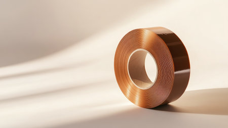 Roll of packing tape with brown tint on a clean off-white background, shot from an angleの素材