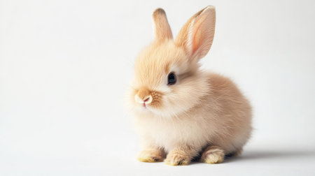 Adorable fluffy baby rabbit sitting calmly on a pure white background, soft fur and bright eyes visibleの素材