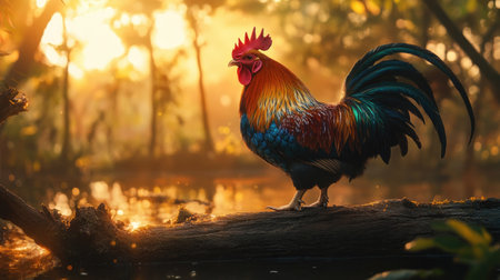 A colorful rooster perched on a log during golden hour, with soft light enhancing the rich textures of its feathersの素材