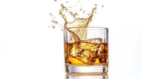 Crystal glass with golden whiskey splashing upward, frozen motion shot isolated on whiteの素材